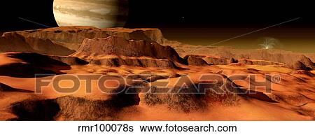 Stock Illustration - A panorama of the strange, mesa-like mountains on Io.. Fotosearch
