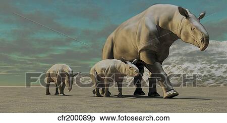 A Paraceratherium mother with two twin calves walks along a desert. View Large Illustration Stock Illustration - A Paraceratherium mother with two twin calves walks along a desert.. Fotosearch