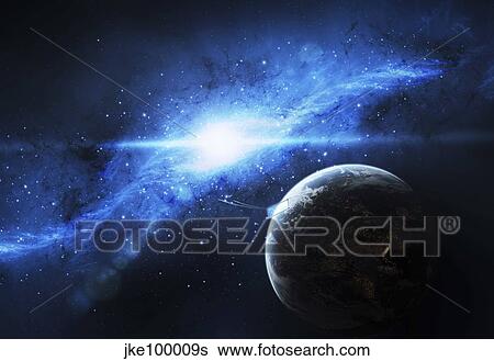 Stock Illustration - A paradise world with a huge city looks out on a beautiful nebula.. Fotosearch