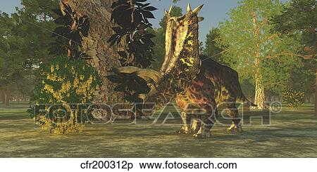 A Pentaceratops dinosaur ambles among forest trees in the Cretaceous Era. View Large Illustration Stock Illustration - A Pentaceratops dinosaur ambles among forest trees in the Cretaceous Era.. Fotosearch