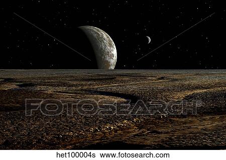 A planet and its moon are dimly lit by a distant sun. View Large Illustration Stock Illustration - A planet and its moon are dimly lit by a distant sun.. Fotosearch