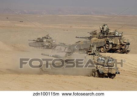 Picture - A platoon of Israel Defense Force Merkava Mark IV main battle tanks.. Fotosearch