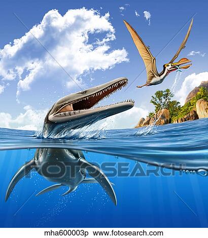 Stock Illustration - A Plesiopleurodon jumps out of the water, attacking an Ornithocheirus.. Fotosearch
