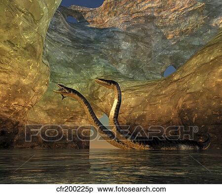 A Plesiosaurus captures a Eurhinosaurus marine reptile in a sea cave. View Large Illustration Stock Illustration - A Plesiosaurus captures a Eurhinosaurus marine reptile in a sea cave.. Fotosearch