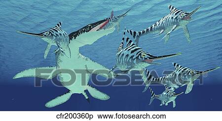 Stock Illustration - A pod of Eurhinosaurus marine reptiles try to evade the much larger Liopleurodon.. Fotosearch