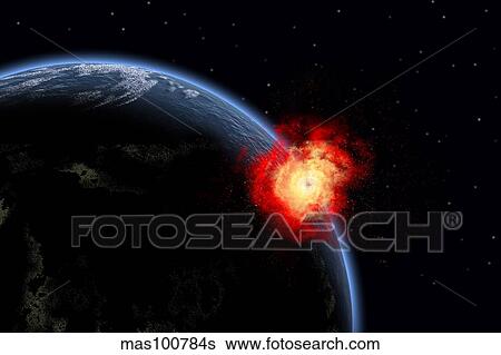 A powerful explosion on Earth's surface from a colliding asteroid impact. View Large Illustration Stock Illustration - A powerful explosion on Earth's surface from a colliding asteroid impact.. Fotosearch