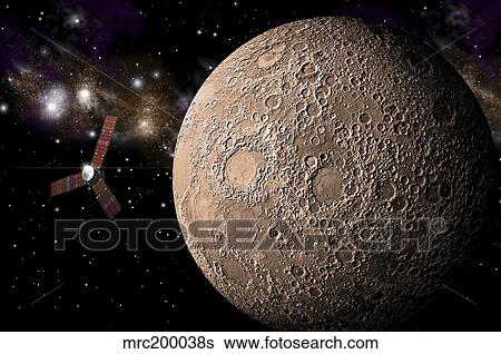 A probe investigating a heavily cratered moon in deep space. View Large Illustration Stock Illustration - A probe investigating a heavily cratered moon in deep space.. Fotosearch