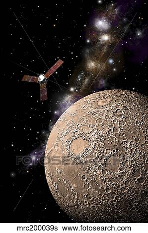 A probe investigating a heavily cratered moon in deep space. View Large Illustration Stock Illustration - A probe investigating a heavily cratered moon in deep space.. Fotosearch