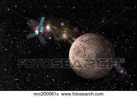 Stock Illustration - A probe investigating a heavily cratered moon in deep space.. Fotosearch