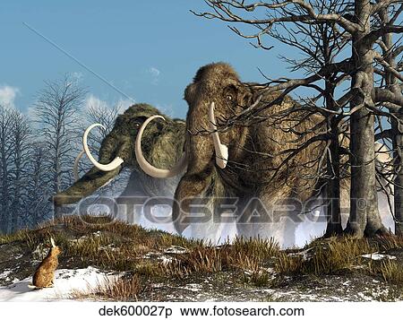 Stock Illustration - A rabbit witnesses a herd of mammoths in a snowy forest.. Fotosearch