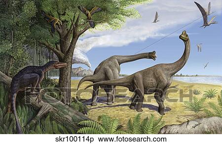A raptor stalks a pair of grazing Europasaurus holgeri dinosaurs. View Large Illustration Stock Illustration - A raptor stalks a pair of grazing Europasaurus holgeri dinosaurs.. Fotosearch