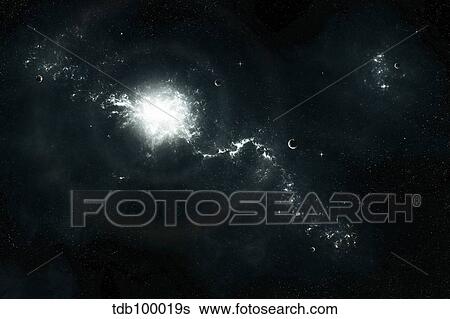A recently discovered nebula with visible habitable planets. View Large Illustration Stock Illustration - A recently discovered nebula with visible habitable planets.. Fotosearch