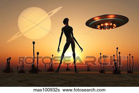A reptoid alien attending its garden on the moon of a ringed alien world. View Large Illustration Stock Illustration - A reptoid alien attending its garden on the moon of a ringed alien world.. Fotosearch