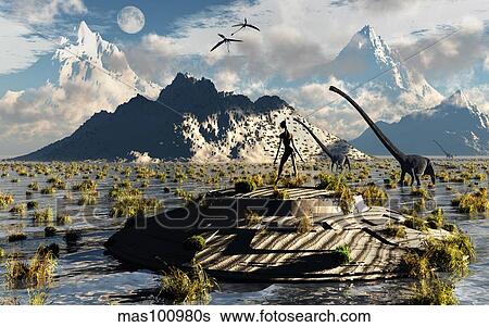 Stock Illustration - A reptoid atop an abandoned UFO watching a herd of dinosaurs.. Fotosearch