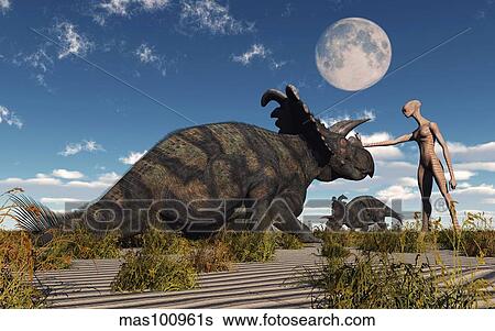 A reptoid using telepathy to communicate with a Albertaceratops dinosaur. View Large Illustration Stock Illustration - A reptoid using telepathy to communicate with a Albertaceratops dinosaur.. Fotosearch