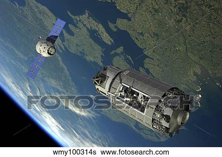 Stock Illustration - A reusable crew capsule prepares to dock with an orbital maintenance platform.. Fotosearch