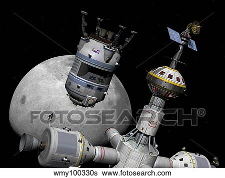 A reusable lunar shuttle prepares to dock with a lunar cycler. View Large Illustration Stock Illustration - A reusable lunar shuttle prepares to dock with a lunar cycler.. Fotosearch
