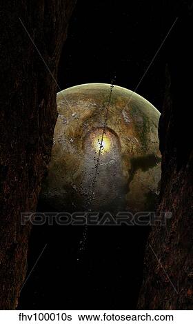 Stock Illustration - A ring of debris around an extraterrestrial planet that has been hit by an asteroid.. Fotosearch