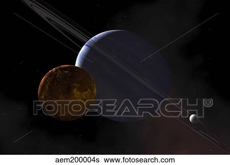 Stock Illustration - A ringed gas giant exoplanet with moons.. Fotosearch