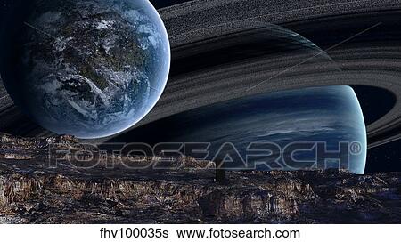 A ringed gas giant is home to several worlds and worldlets. View Large Illustration Stock Illustration - A ringed gas giant is home to several worlds and worldlets.. Fotosearch