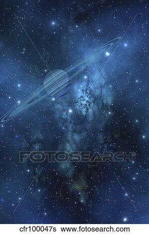 A ringed planet orbits near a beautiful nebula in space. View Large Illustration Stock Illustration - A ringed planet orbits near a beautiful nebula in space.. Fotosearch