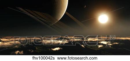 Stock Illustration - A ringed planet rises in the night sky of an alien world.. Fotosearch