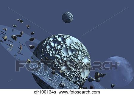 A ringed rocky planet has many asteroids in orbit. View Large Illustration Stock Illustration - A ringed rocky planet has many asteroids in orbit.. Fotosearch