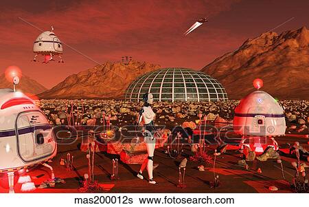 Stock Illustration - A robot and landing craft making deliveries to a habitat dome.. Fotosearch