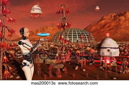 A robot and landing craft making deliveries to a habitat dome. View Large Illustration Stock Illustration - A robot and landing craft making deliveries to a habitat dome.. Fotosearch