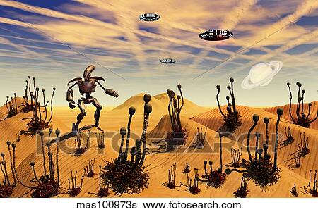 A robot tending to a desert garden located on a moon. View Large Illustration Stock Illustration - A robot tending to a desert garden located on a moon.. Fotosearch