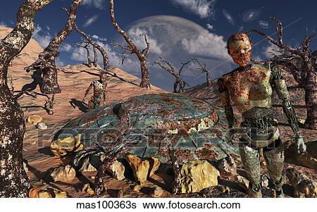 A robotic exploration team and its corroded spacecraft. View Large Illustration Stock Illustration - A robotic exploration team and its corroded spacecraft.. Fotosearch