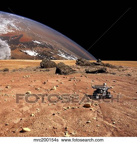 A robotic rover explores an alien world with a large planet at horizon. View Large Photo Image Stock Photograph - A robotic rover explores an alien world with a large planet at horizon.. Fotosearch