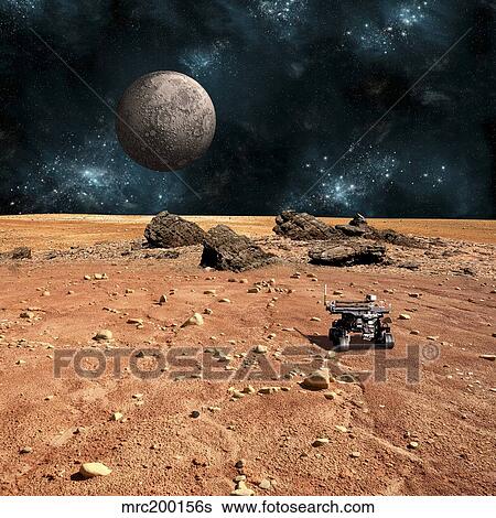 A robotic rover explores an alien world with a cratered moon rising above. View Large Photo Image Stock Photograph - A robotic rover explores an alien world with a cratered moon rising above.. Fotosearch