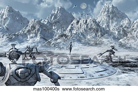 Stock Illustration - A robotic survey team exploring an ice world.. Fotosearch