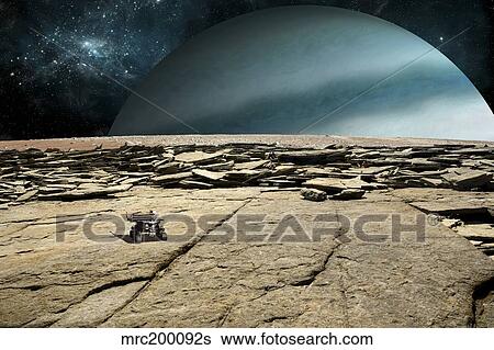 A rover explores the surface of a rocky and barren moon. View Large Illustration Stock Illustration - A rover explores the surface of a rocky and barren moon.. Fotosearch