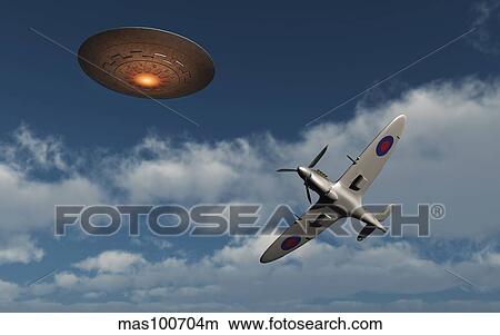 A Royal Air Force Supermarine Spitfire aircraft giving chase to a UFO. View Large Illustration Stock Illustration - A Royal Air Force Supermarine Spitfire aircraft giving chase to a UFO.. Fotosearch