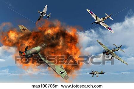 Stock Illustration - A Royal Air Force Supermarine Spitfire attacking German Stuka dive bombers.. Fotosearch