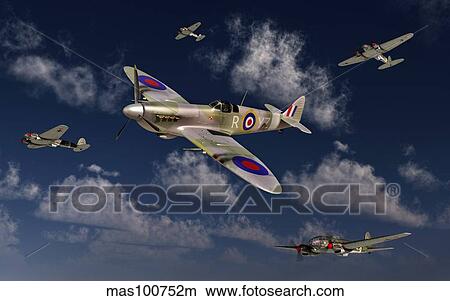A Royal Air Force Supermarine Spitfire attacking German Heinkel He 111 bombers. View Large Illustration Stock Illustration - A Royal Air Force Supermarine Spitfire attacking German Heinkel He 111 bombers.. Fotosearch