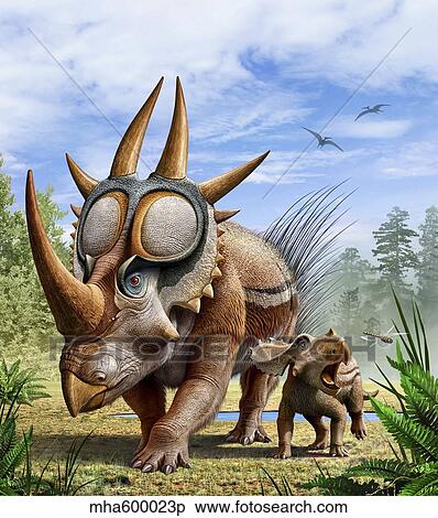 Stock Illustration - A Rubeosaurus and his offspring.. Fotosearch