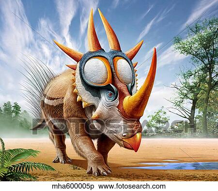 Stock Illustration - A Rubeosaurus roams a prehistoric environment.. Fotosearch