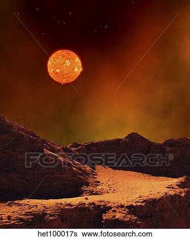 A rugged planet landscape dimly lit by a distant red star. View Large Illustration Stock Illustration - A rugged planet landscape dimly lit by a distant red star.. Fotosearch