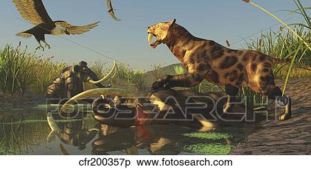 Stock Illustration - A Saber Tooth Cat attacks a Woolly Mammoth.. Fotosearch