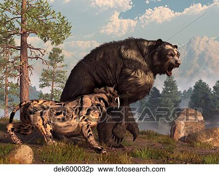 Stock Illustration - A saber-toothed cat tries to drive a short-faced bear out of its territory.. Fotosearch