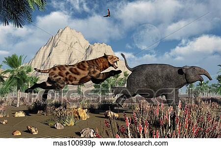 A Sabre-Tooth Tiger attacking a young Deinotherium. View Large Illustration Stock Illustration - A Sabre-Tooth Tiger attacking a young Deinotherium.. Fotosearch
