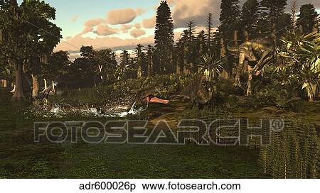 Stock Illustration - A Sarcosuchus and Deltadromeus attack a lone Ouranosaurus.. Fotosearch