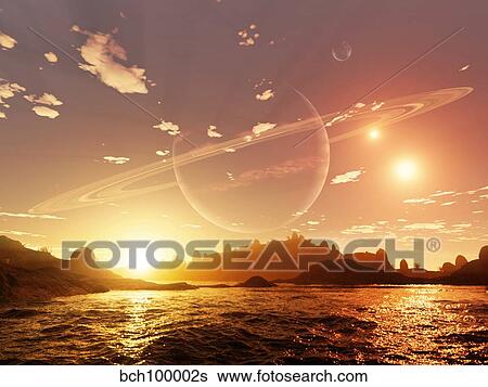 Stock Illustration - A scene on a distant moon orbiting a gas giant in a trinary star system.. Fotosearch