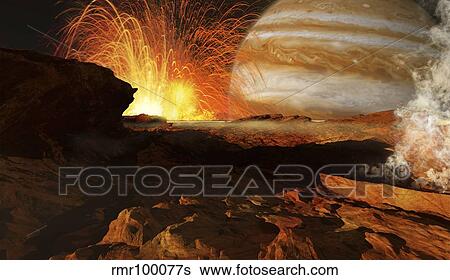 A scene on Jupiter's moon, Io, the most volcanic body in the solar system. View Large Illustration Stock Illustration - A scene on Jupiter's moon, Io, the most volcanic body in the solar system.. Fotosearch