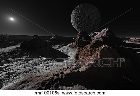 Stock Illustration - A scene on Pluto with Charon, its giant moon.. Fotosearch