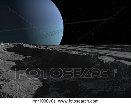 Stock Illustration - A scene on the tortured, wrinkled terrain of Miranda, one of Uranus' many moons.. Fotosearch