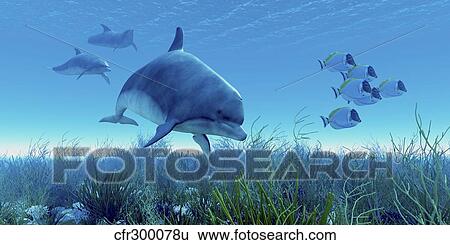 A school of blue tango fish swim away from a pod of dolphins. View Large Illustration Stock Illustration - A school of blue tango fish swim away from a pod of dolphins.. Fotosearch